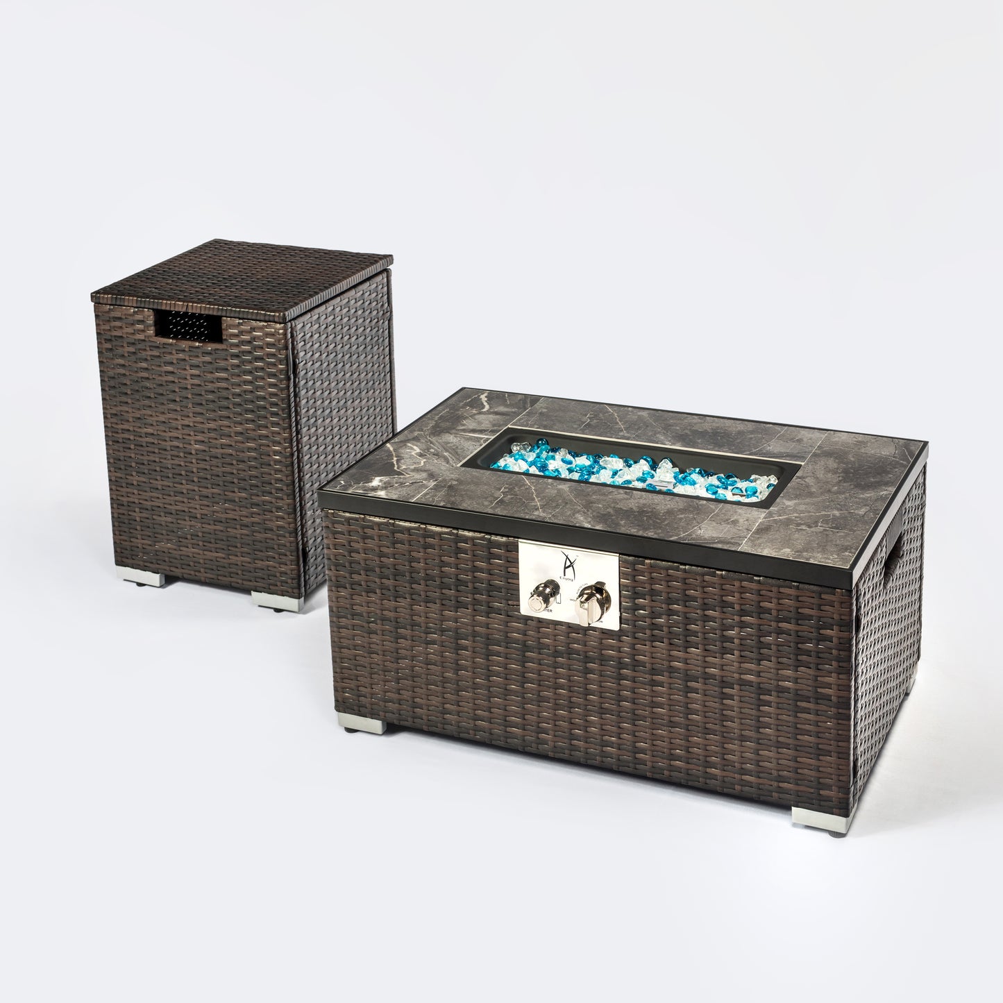 Rectangle Propane Fire Pit Table with Wicker Body and Ceramic Tile Top