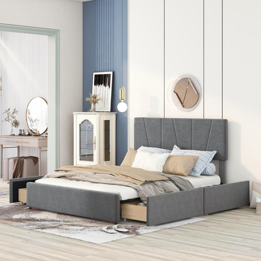 Queen Size Upholstery Platform Bed with Four Drawers on Two Sides, Adjustable Headboard, Grey(: WF291774EAA)