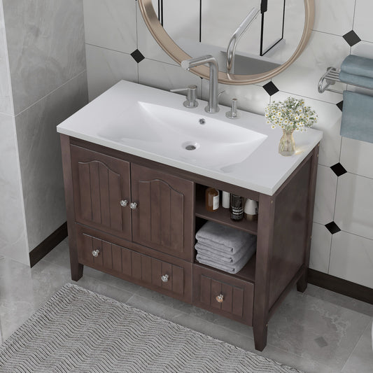 36" Bathroom Vanity with Ceramic Basin, Bathroom Storage Cabinet with Two Doors and Drawers, Solid Frame, Metal Handles, Brown