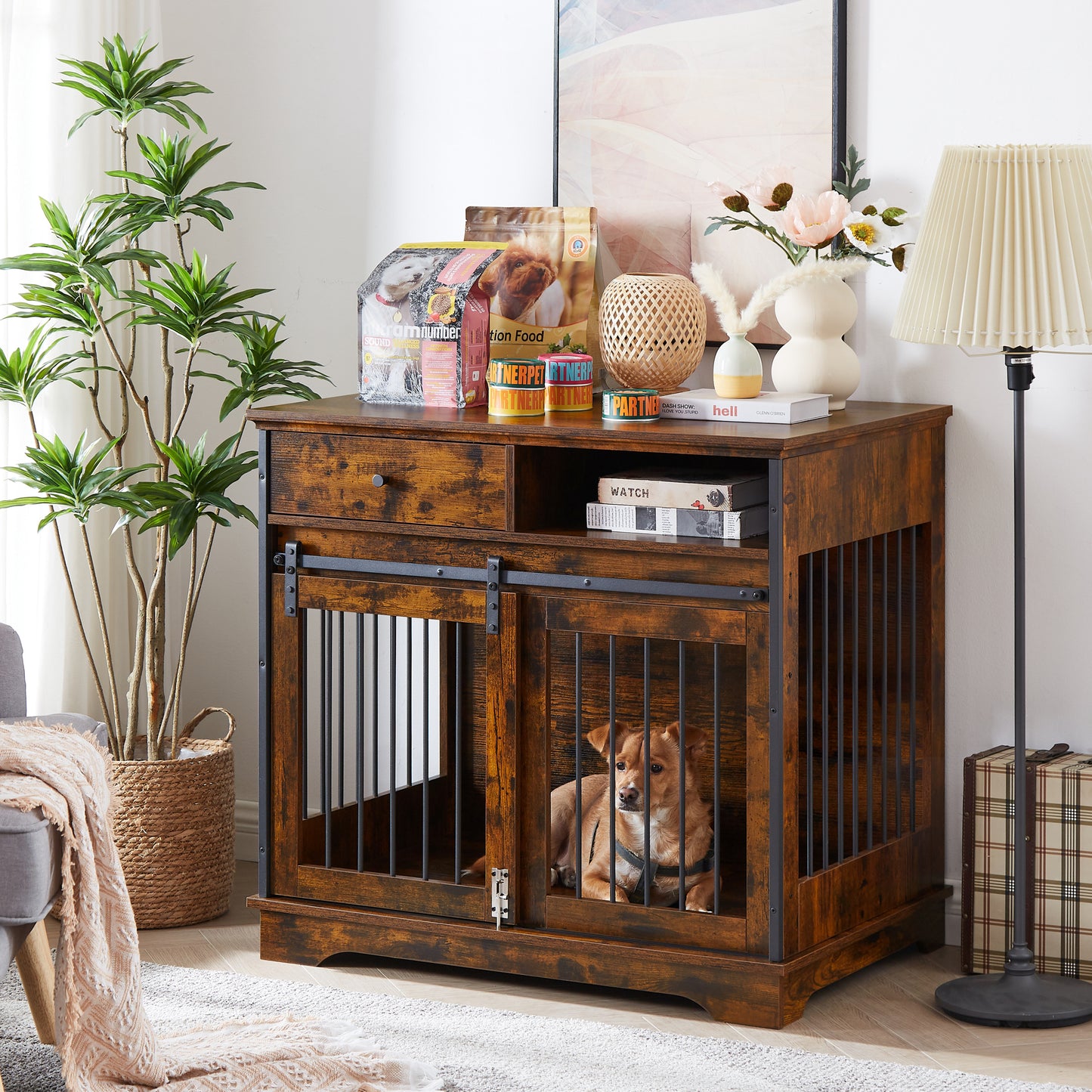 Sliding door dog crate with drawers. Rustic Brown, 35.43'' W x 23.62'' D x 33.46'' H