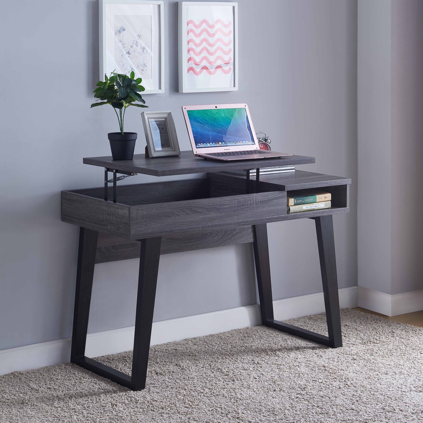 Distressed Grey and Black Home Office Desk with Mid-Century Modern Design