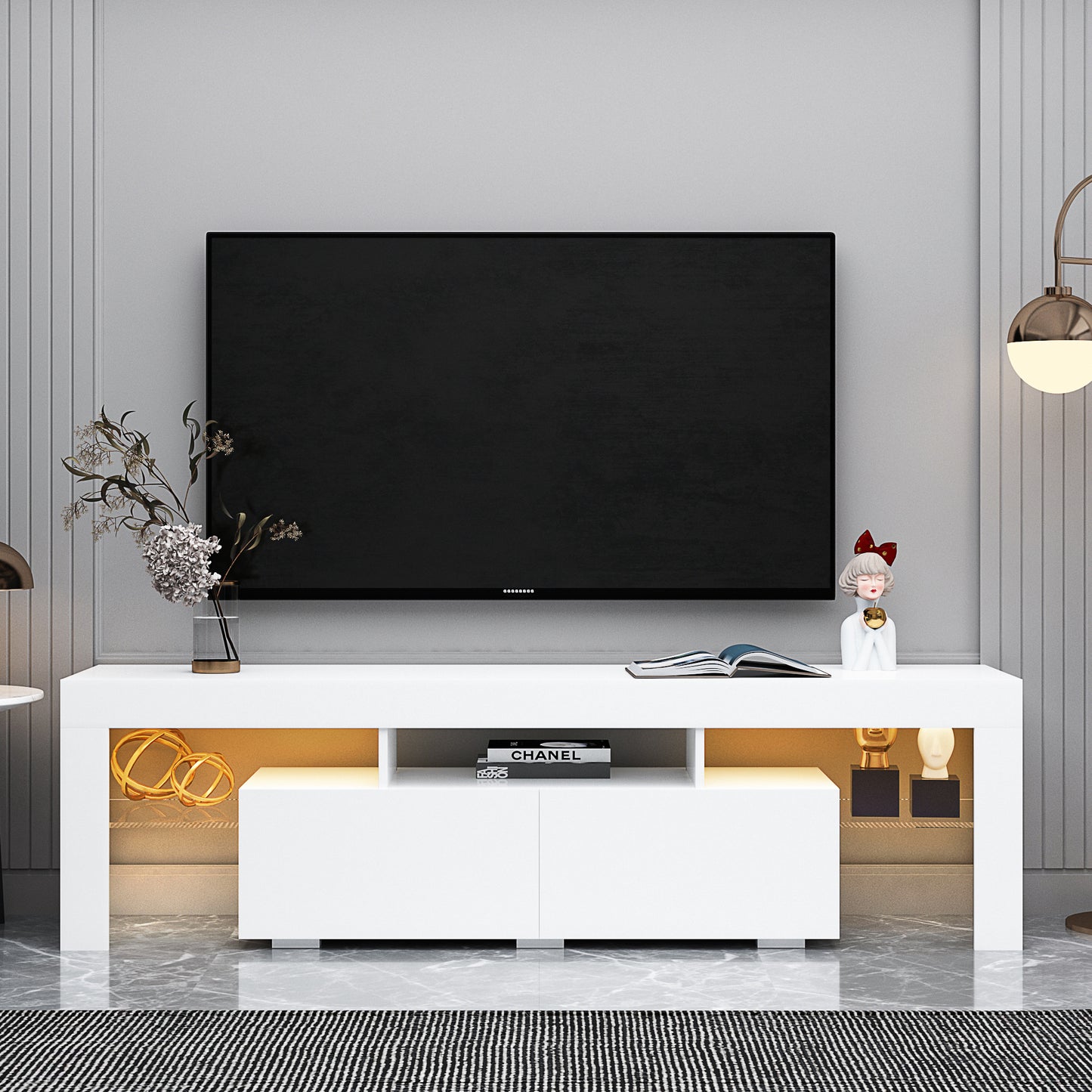 LED TV Stand with Remote Controlled Lights in Modern White, 20 Color Options