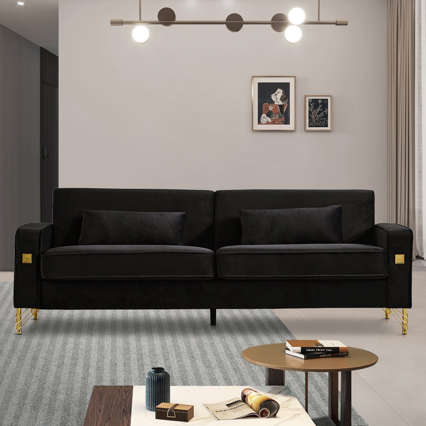 85.44 Luxurious Velvet Sofa with Gold Legs for Elegant Living Room