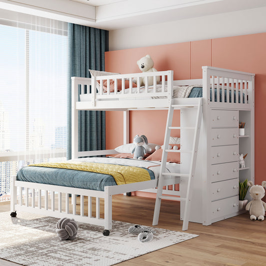 White Wooden Bunk Bed with Storage Drawers and Flexible Shelves, Twin Over Full Size Bed on Wheels