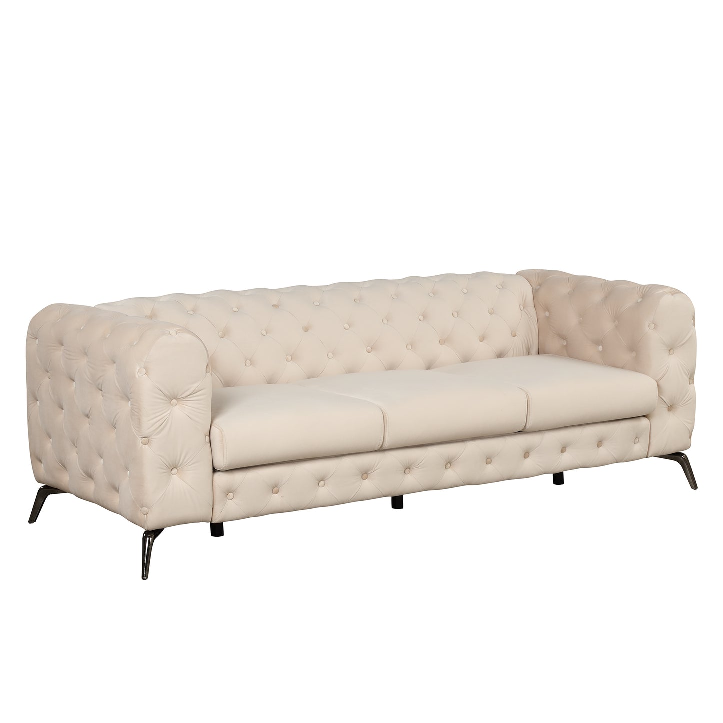 85.5 Beige Velvet Upholstered 3-Seater Sofa with Button Tufted Back