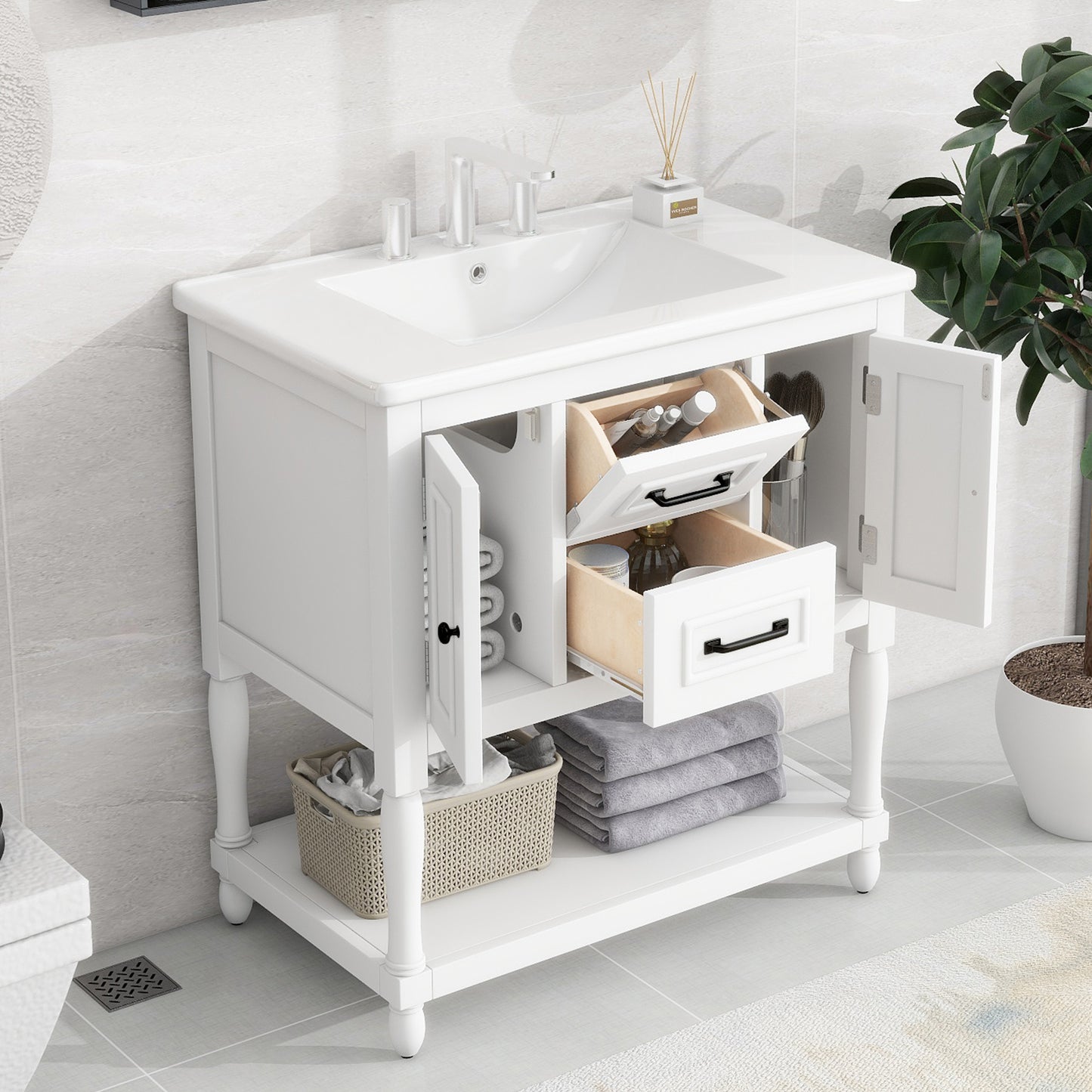 30" Bathroom Vanity with Sink Top, Bathroom Vanity Cabinet with Two Doors and Two Drawers, Solid Wood Frame, One Package, White