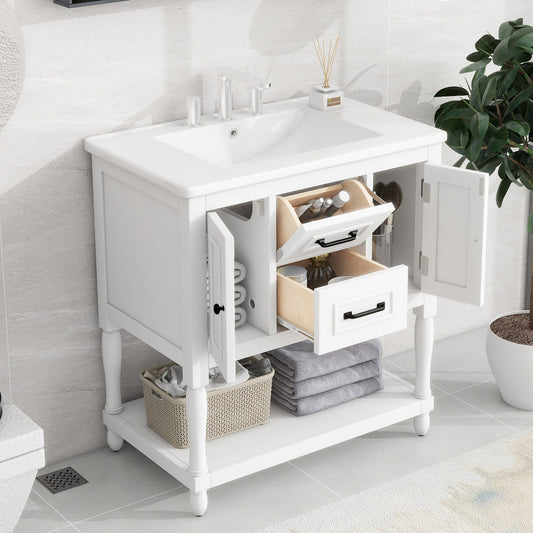 30" Bathroom Vanity with Sink Top, Bathroom Vanity Cabinet with Two Doors and Two Drawers, Solid Wood Frame, One Package, White