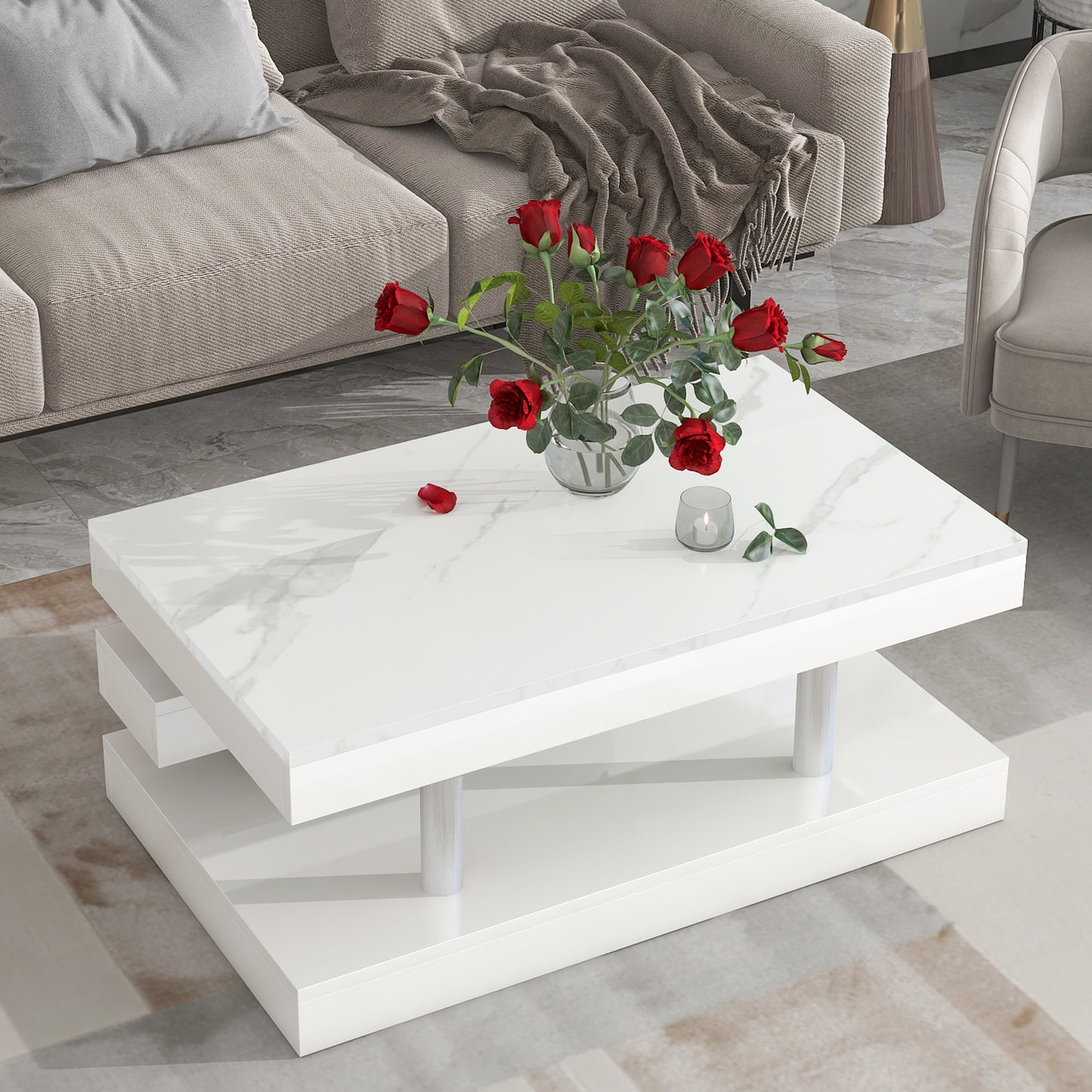 White Minimalist 2-Tier Coffee Table with Glossy Surface