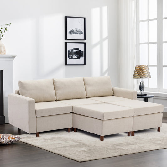 3-Seat Modular Sectional Sofa Set with 2 Ottomans, Cream Linen Upholstery