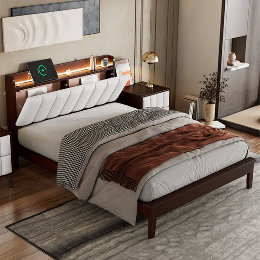 Full size Platform Bed with USB Charging Station and Storage Upholstered Headboard,LED Bed Frame,No Box Spring Needed,Walnut+Beige