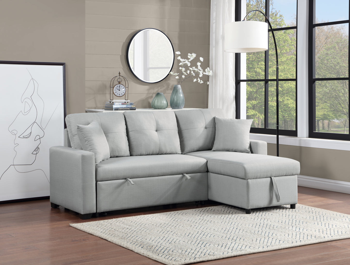 Gray Linen Reversible Sleeper Sectional Sofa with Storage Chaise and Matching Throw Pillows