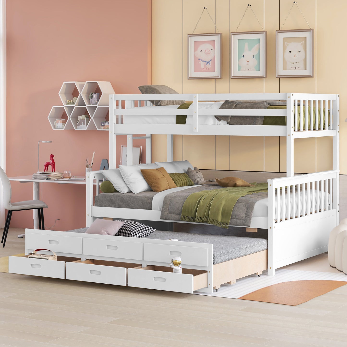 Playful Twin-Over-Full Bunk Bed with Trundle and Drawers - White