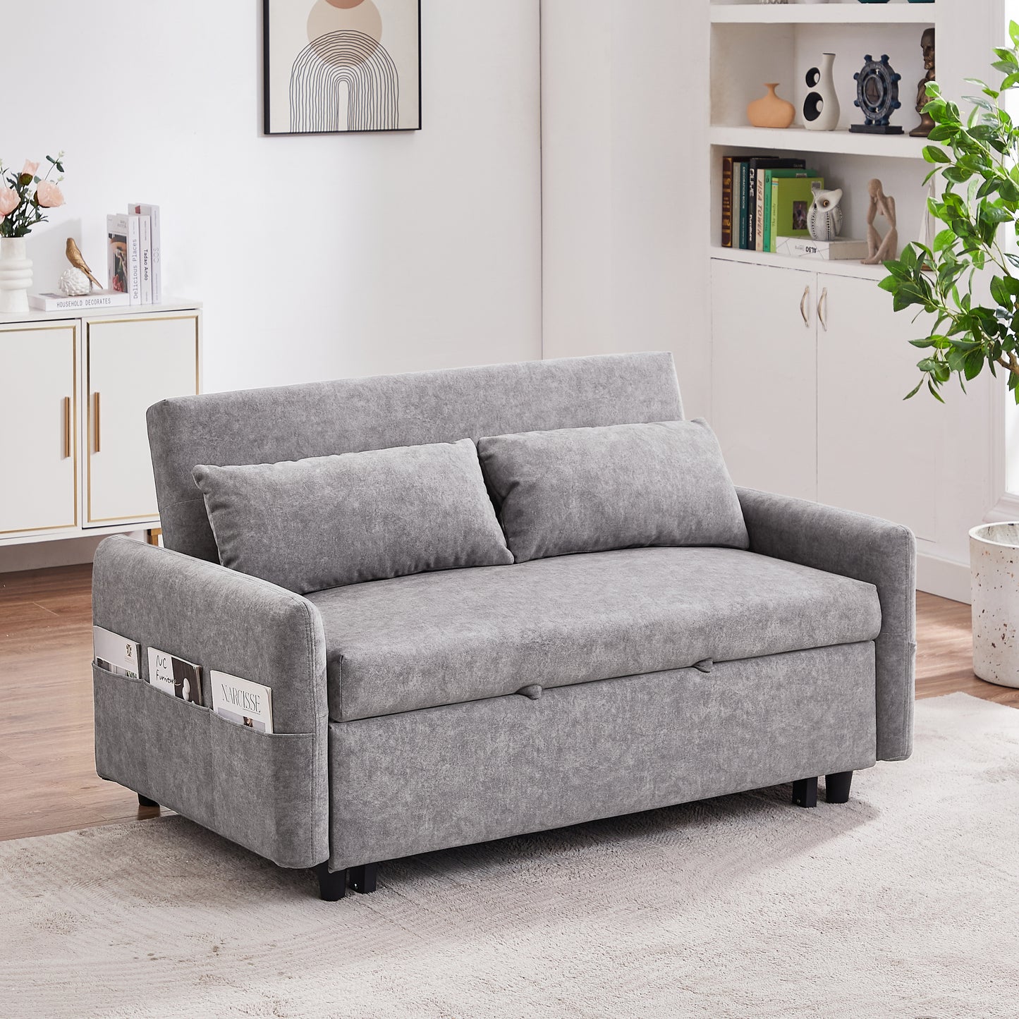 Adjustable Grey Loveseat Sofa Bed with USB Ports and Storage Pockets