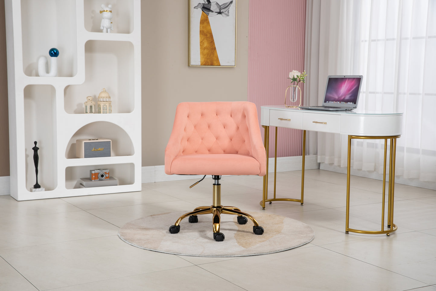 Velvet Fabric Pink Desk Chair for Home Office, Swivel Task Modern Design Chairs Bedroom Girls Women,