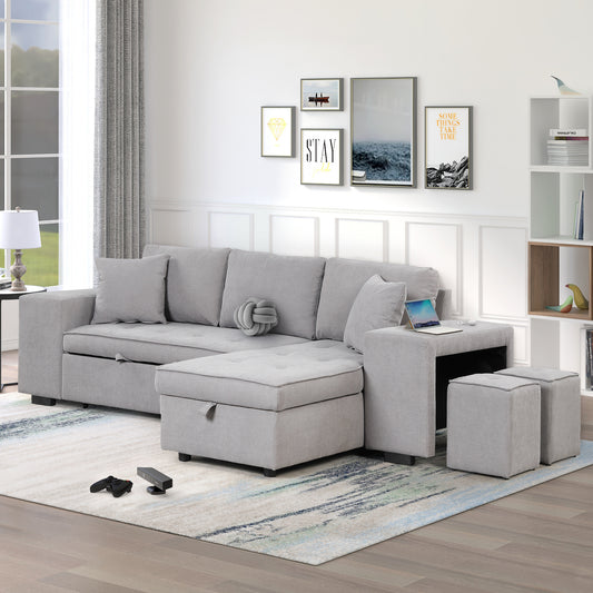 Gray L-Shape Sleeper Sectional Sofa with Storage Chaise and 2 Stools