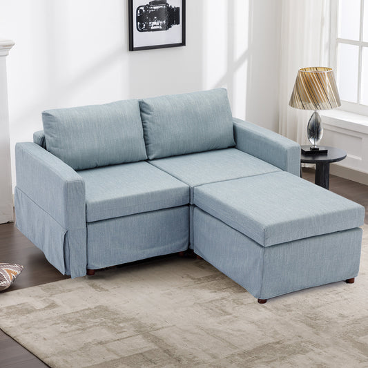 2-Seater Modular Sectional Sofa Set with Ottoman in Light Blue Linen