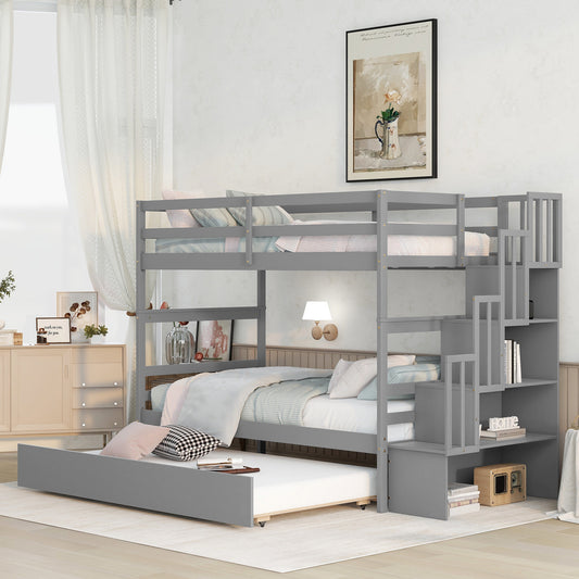 Gray Twin Bunk Beds With Trundle, Stairway Storage, and Modern Design