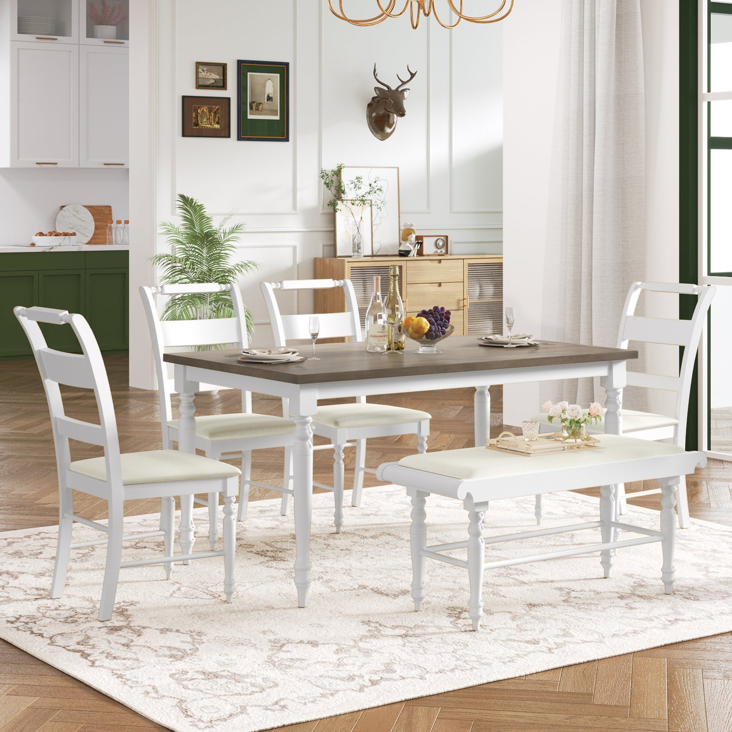 6-peice Dining Set with Turned Legs, Kitchen Table Set with Upholstered Dining Chairs and Bench,Retro Style, White