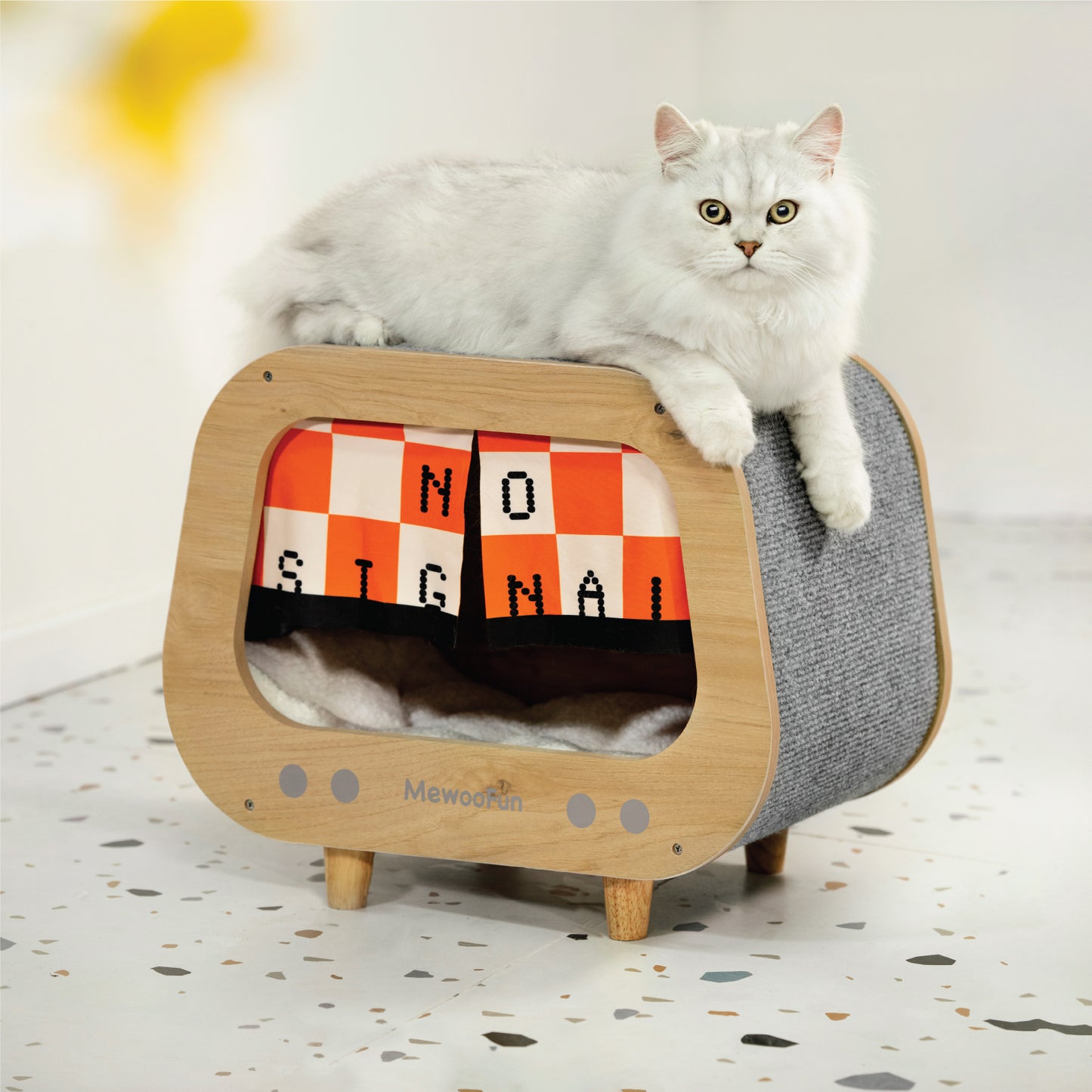 Classic Wooden TV-Shaped Cat Bed, Cat House with Cushion, Grey