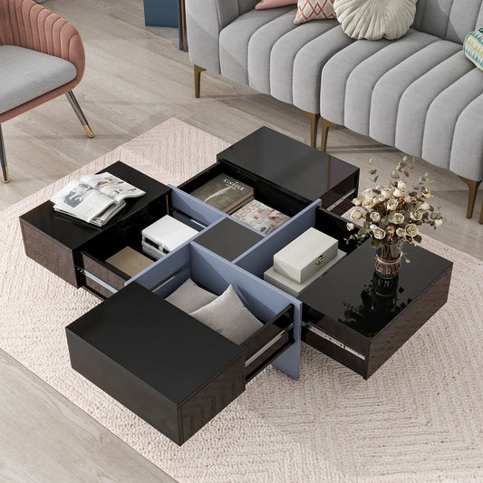 Puzzle Design Coffee Table with Extendable Sliding Tabletop and Hidden Storage Compartments