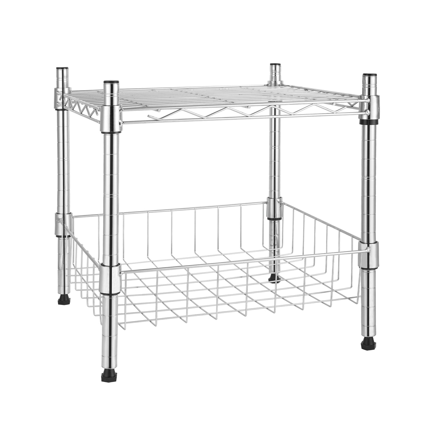 Heavy Duty Shelving Unit, Wire Metal Stackable Storage, 1-Tier Shelf, with Basket, Chrome, 15" W x 13.8" D x 15" H