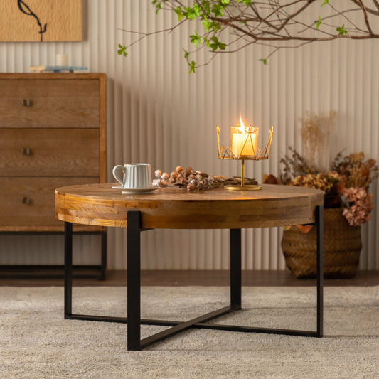 Modern Retro Fir Wood Round Coffee Table with Black Cross Legs Base