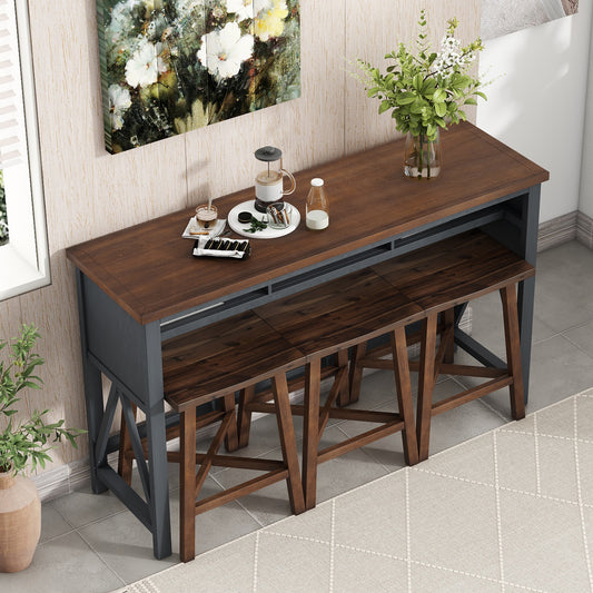 Farmhouse Counter Height 4-Piece Dining Table Set, 60" Console Kitchen Table Set with 3 Stools for Small Places,Walnut