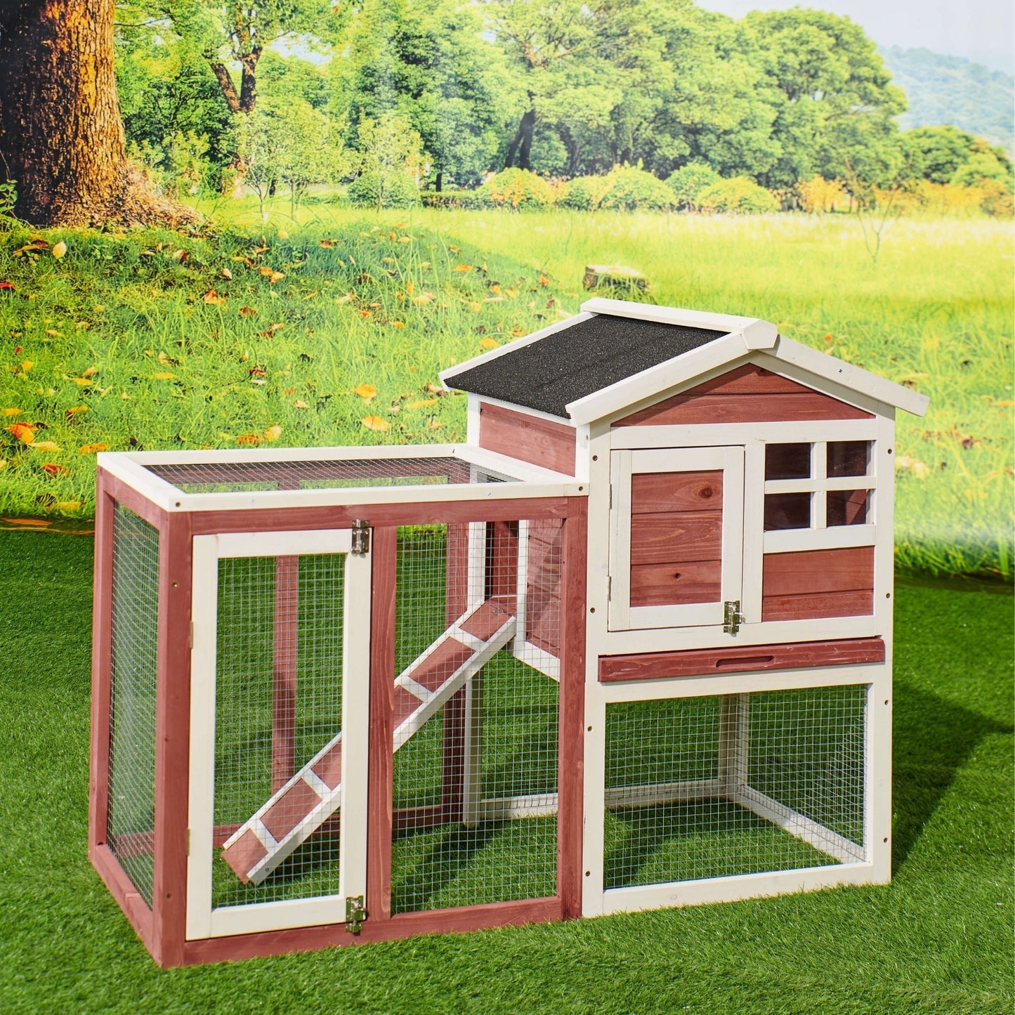 48 in. Large Chicken Coop Wooden Rabbit Hutch Auburn and White