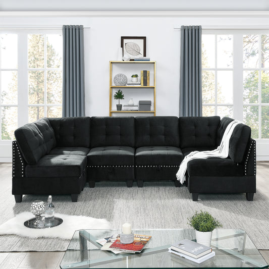 U-Shaped Velvet Modular Sectional Sofa with DIY Combination - Black