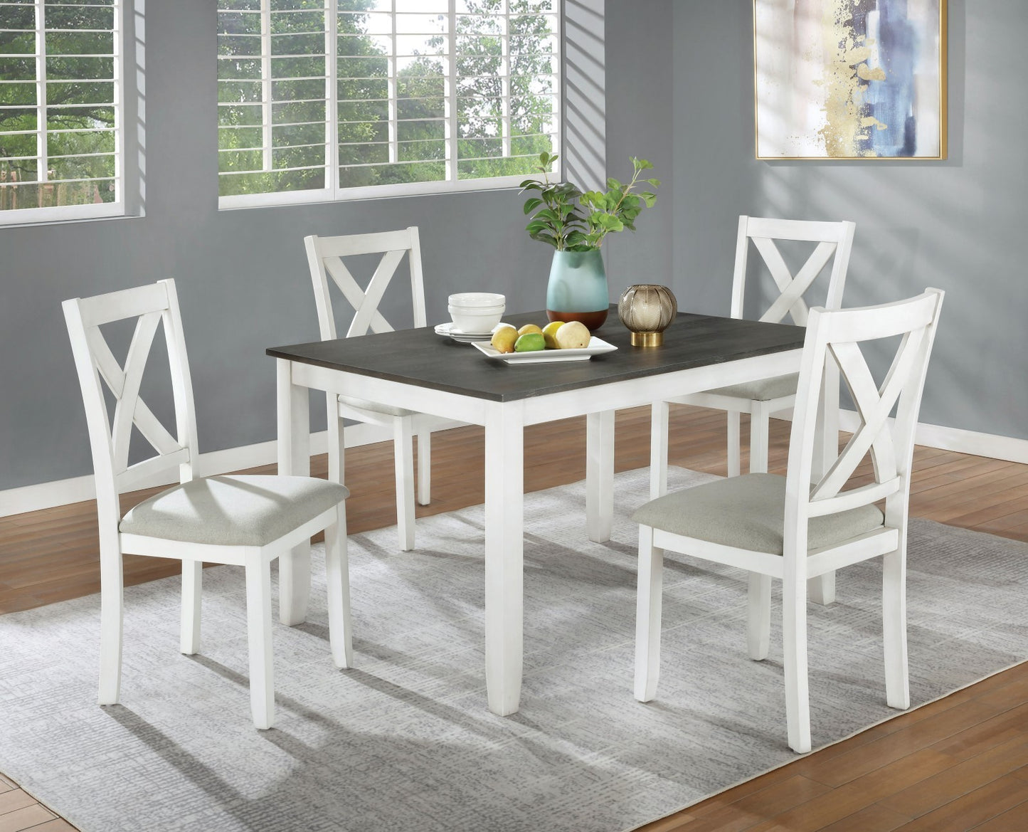 Rustic Simple Dinette 5pc Set Distressed White And Gray Dining Table 4x Side Chairs Padded Fabric Seat Natural Wood Grain Texture Dining Room Furniture