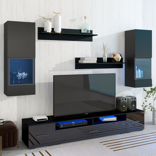 Modernized Black Floating TV Stand Set with 16-Color LED Lights for 90+ inch TV