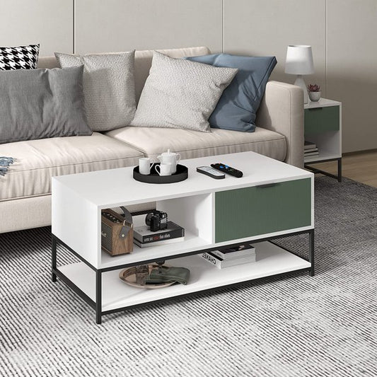 Watson White and Green Wood Coffee Table Steel Frame with Shelves and Drawer - Modern and Functional Coffee Table with Steel Frame and Storage Options