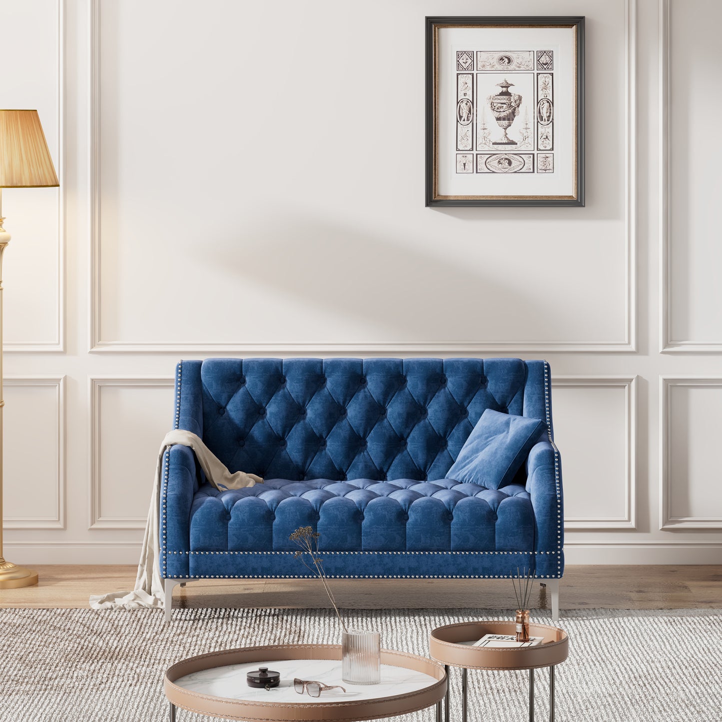 Button Tufted Back Blue Modern Sofa with Metal Legs and Plush Upholstery - 55.5