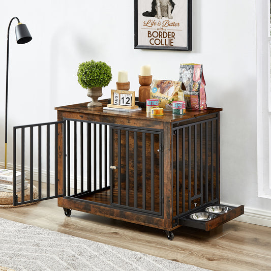 Furniture Style Dog Crate Side Table With Feeding Bowl, Wheels, Three Doors, Flip-Up Top Opening. Indoor, Rustic Brown, 38.58"W x 25.2"D x 27.17"H