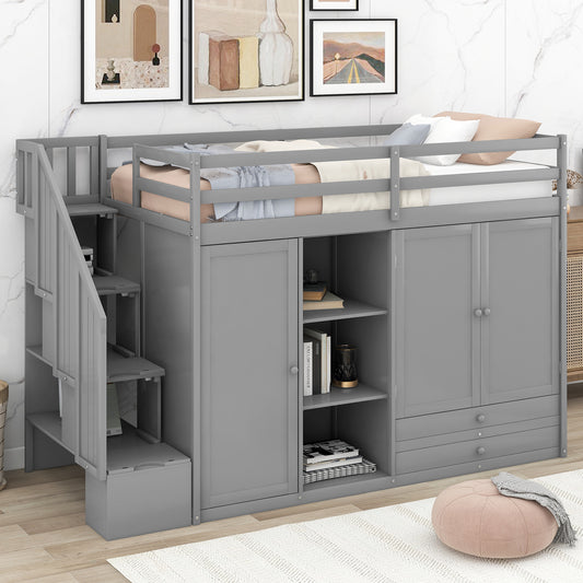 Functional Loft Bed with 3 Shelves, 2 Wardrobes and 2 Drawers,  Ladder with Storage, No Box Spring Needed, Gray