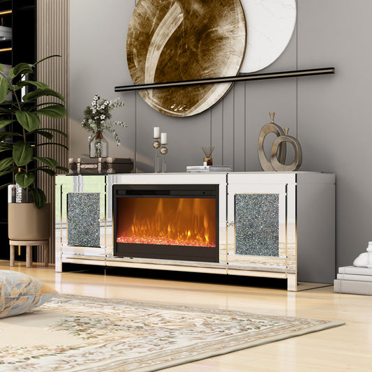 Luxury Mirrored TV Stand with Electric Fireplace and Crystal Decor Doors