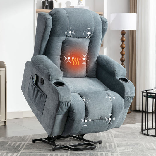 Blue Power Lift Recliner Chair with Heat and Massage for Elderly