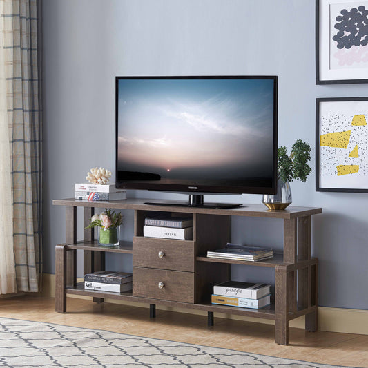 Walnut Oak TV Stand with Four Shelves and Two Drawers