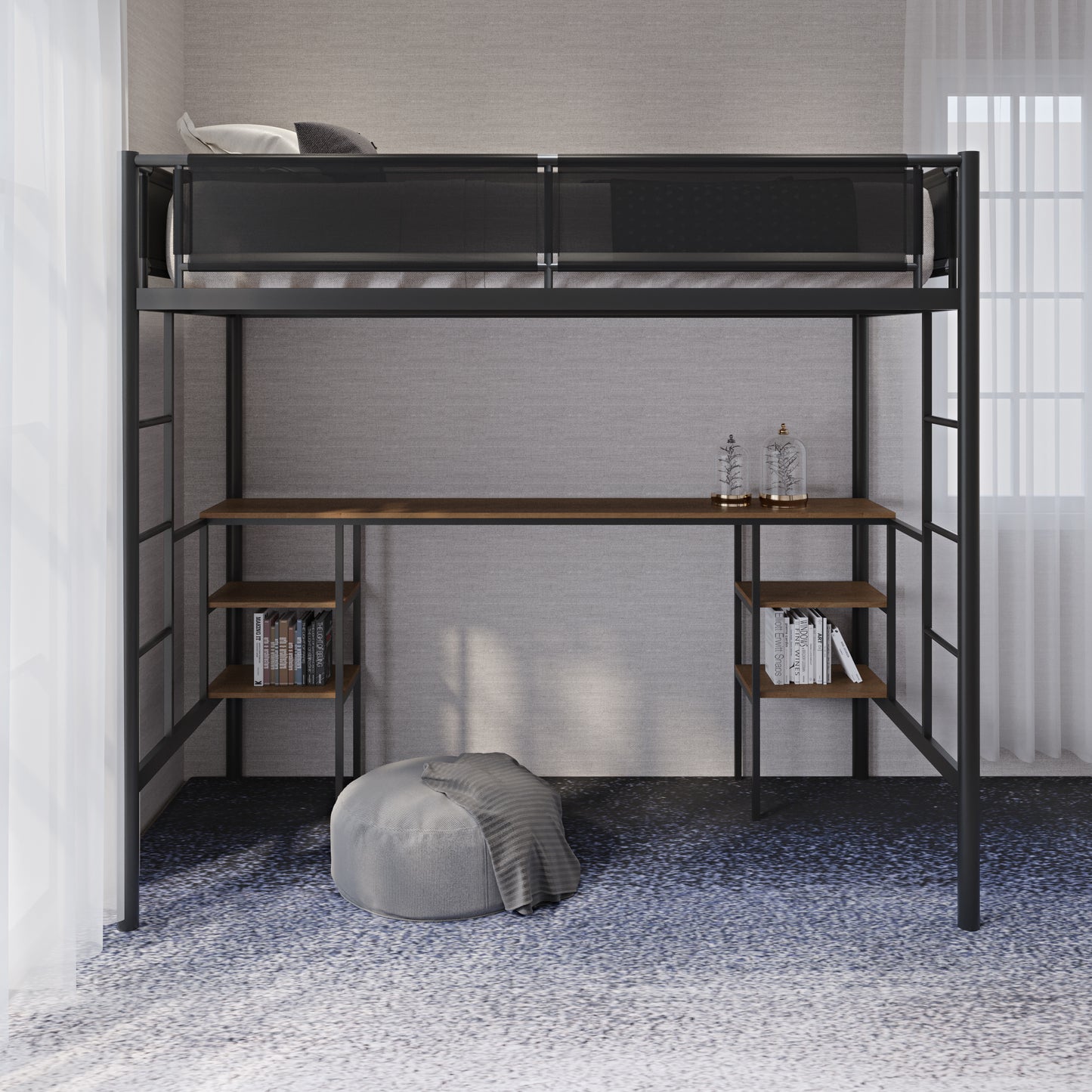 Metal Twin-size Loft Bed with Table & Shelves/ Sturdy Metal Bed Frame/ Noise-free Wood Slat/ Comfortable Textilene Guardrail/ Built-in Table and Shelves/ 2 Side Ladders/ No Box Spring Needed