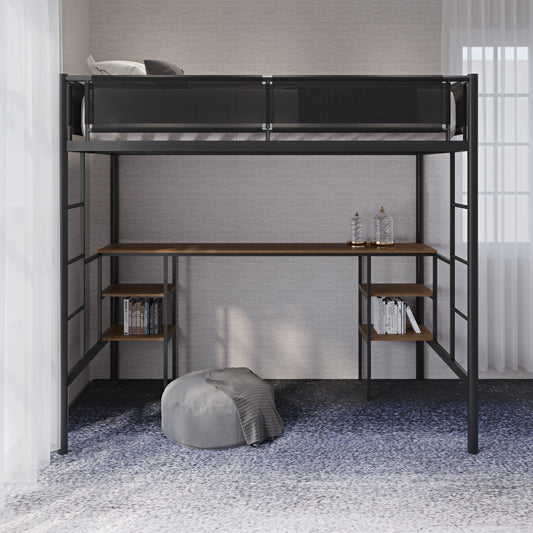 Metal Twin-size Loft Bed with Table & Shelves/ Sturdy Metal Bed Frame/ Noise-free Wood Slat/ Comfortable Textilene Guardrail/ Built-in Table and Shelves/ 2 Side Ladders/ No Box Spring Needed