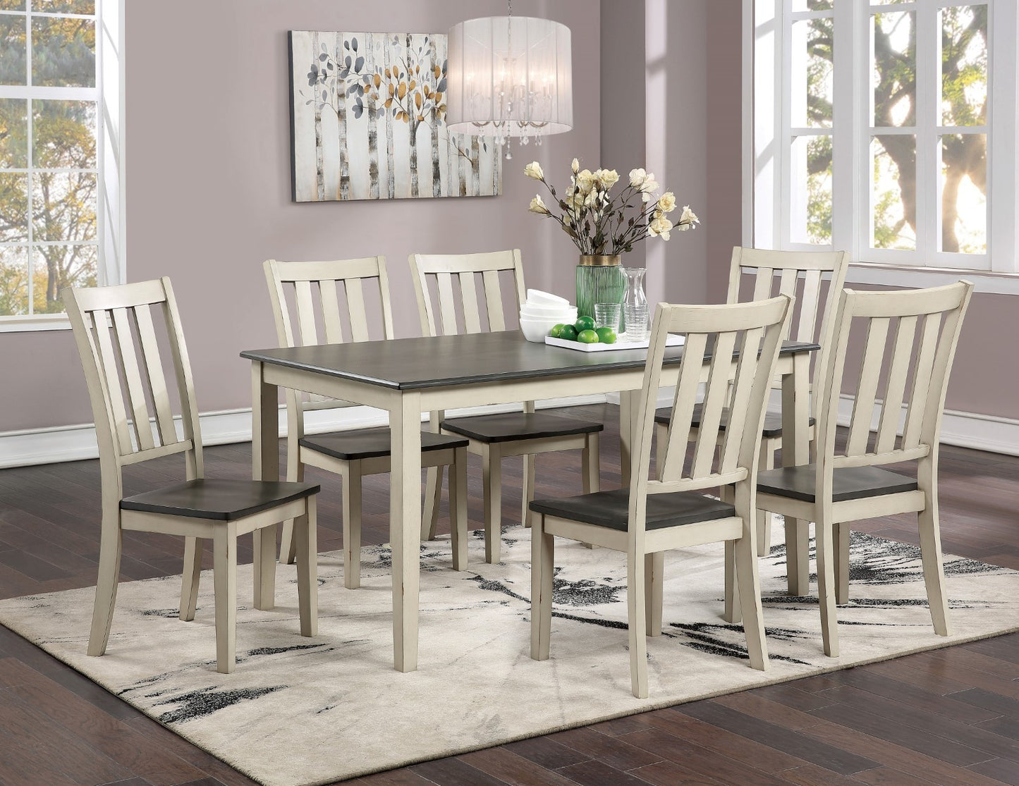 Transitional Dining Room Furniture 7pc Set Dual Tone Design Antique White / Gray Dining Table and 6x Side Chairs Solid wood Breakfast Kitchen