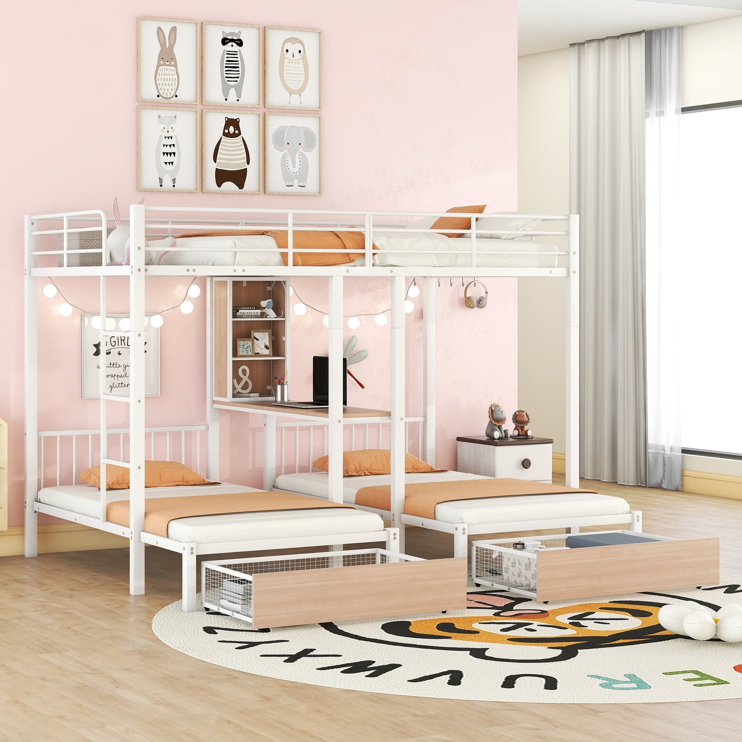 Triple Bunk Bed with White Metal Convertible Desk and Shelves