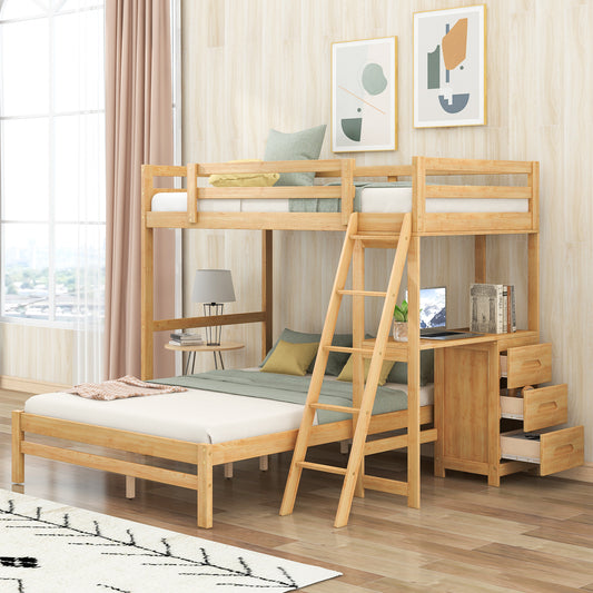 Versatile Bunk Bed Set with Desk, Drawers, and Storage, Natural