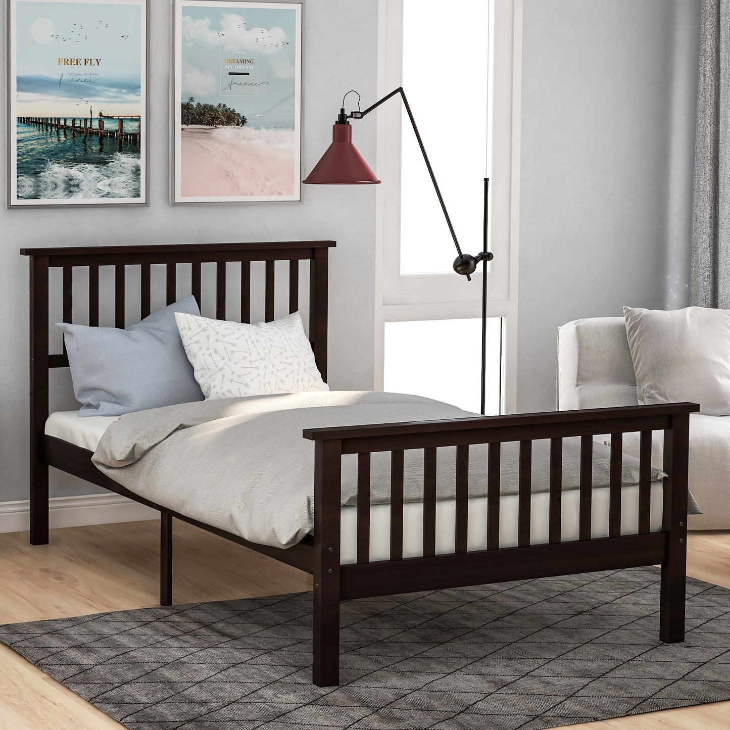 Wood Platform Bed Twin Bed with Headboard and Footboard (Espresso)