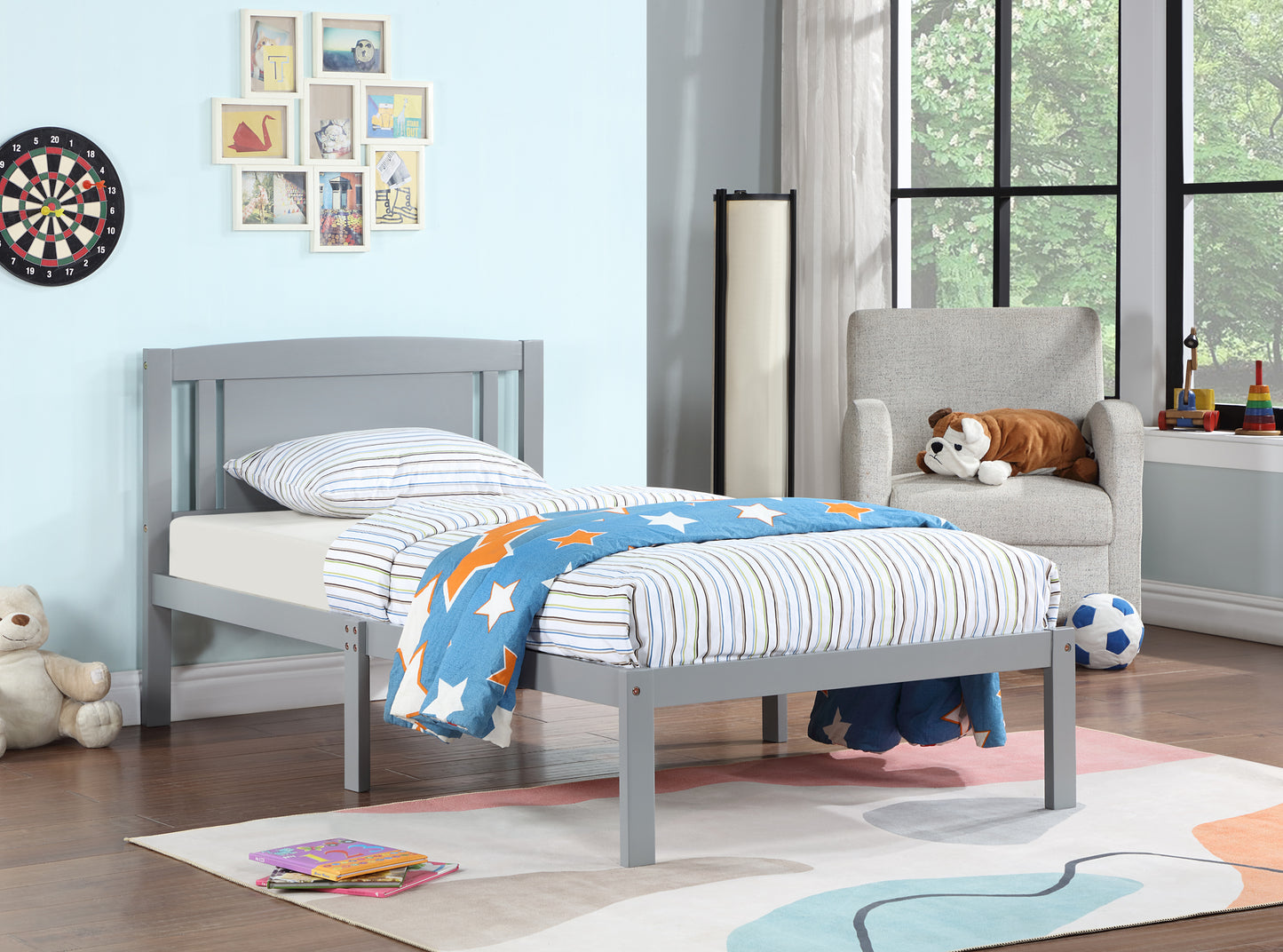 Twin Size Bed, Wood Platform Bed Frame with Headboard For Kids, Slatted, Gray