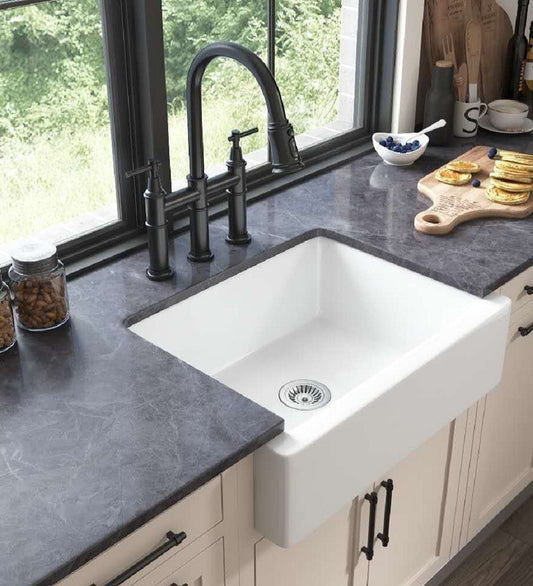 White Ceramic Farmhouse Kitchen Sink with Modern Design