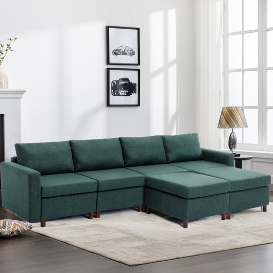 4-Seat Green Linen Sectional Sofa with Ottoman and Soft Plushness