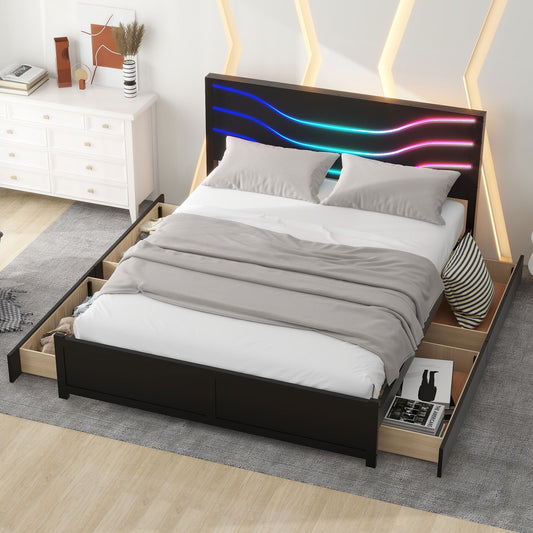 Queen Size Wood Storage Platform Bed with LED and 4 Drawers, Black