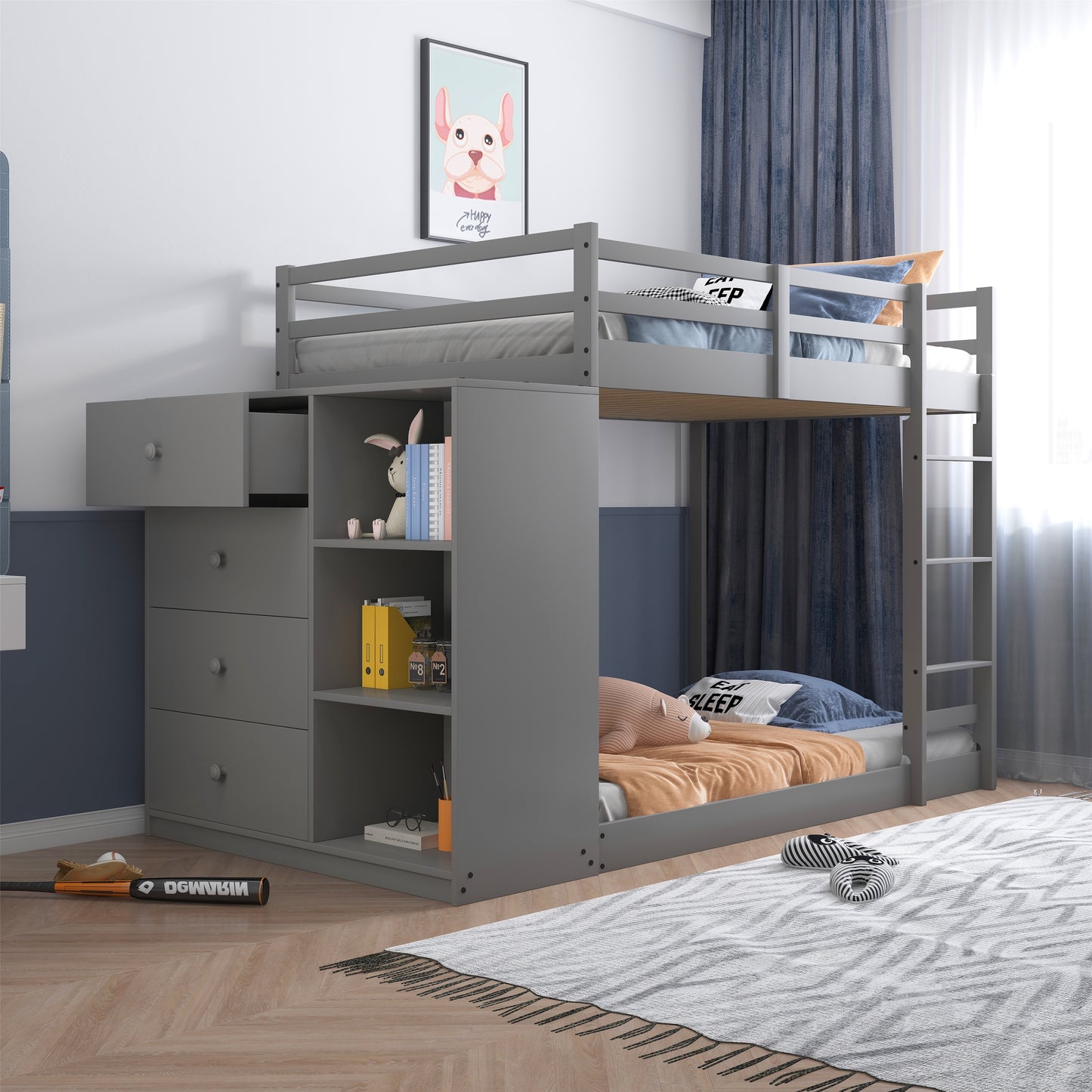 Gray Finish Twin Bunk Bed with Storage and Cabinet - Stylish and Functional Twin/Twin Bunk Bed