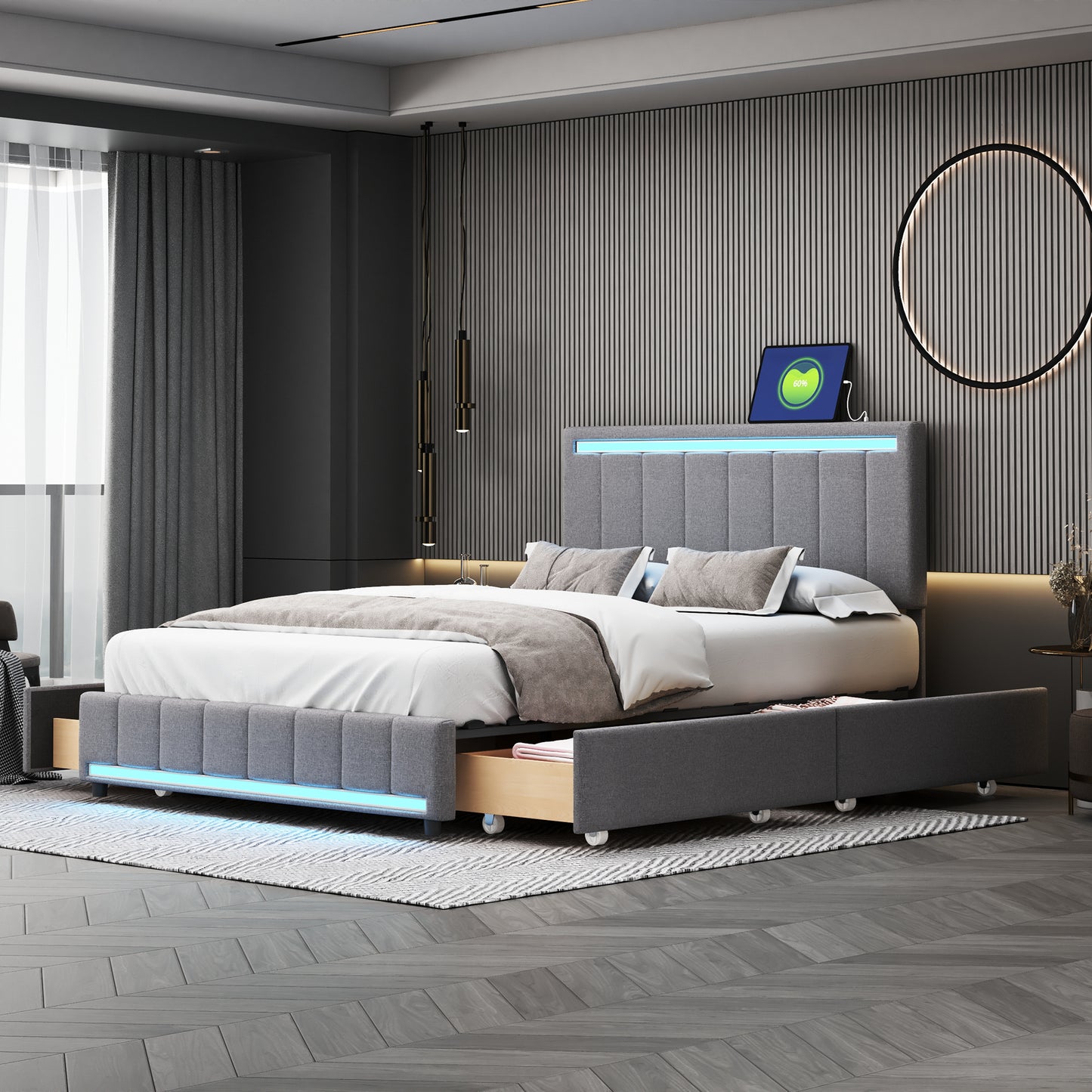 Full Size Upholstered Bed with LED Light and 4 Drawers,  Modern Platform Bed with a set of Sockets and USB Ports, Linen Fabric, Gray